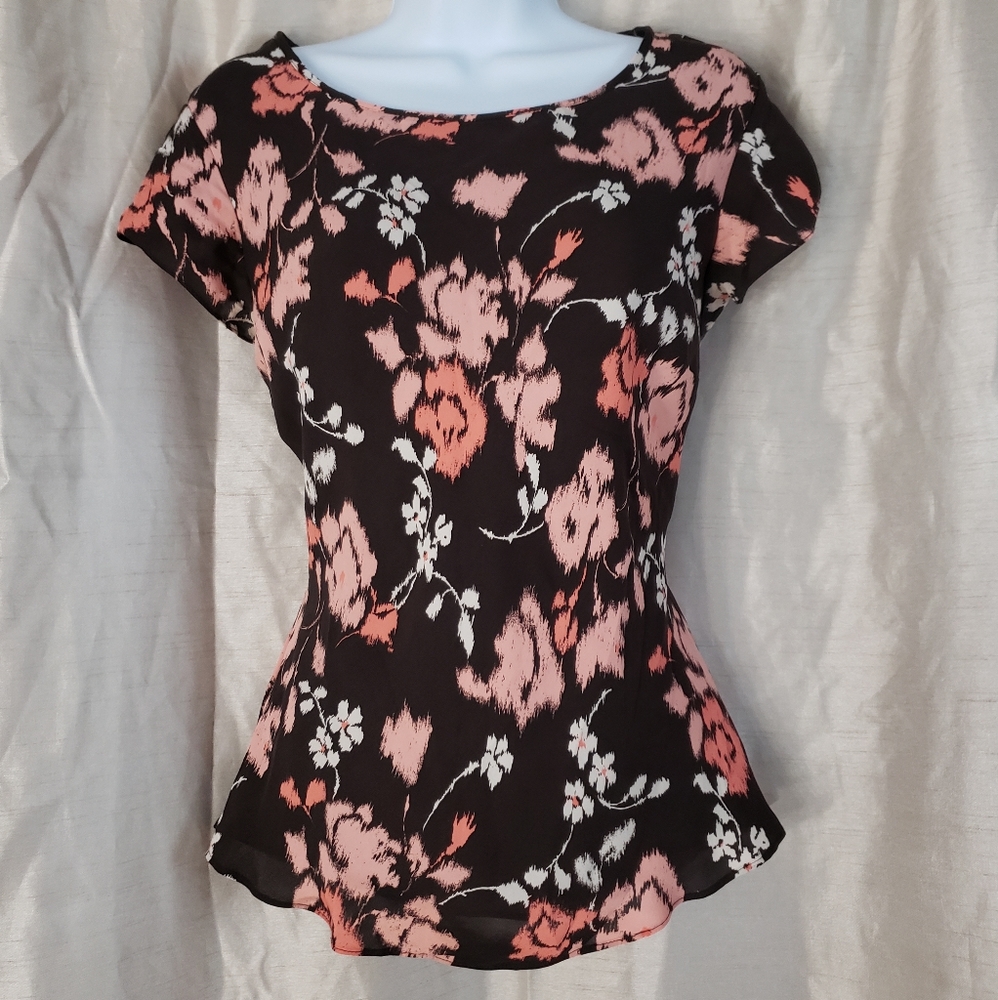 NWOT Kate Hill brown & pink floral 100% silk blouse top Womens 14 - Picture 4 of 5